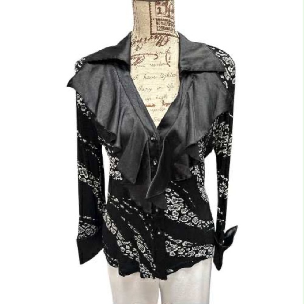 Artex Collection Stylish Black Blouse with White Floral Design Size M
